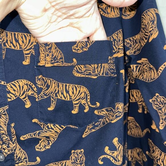 J. Crew S Navy Caramel Brown Tiger Print Signature Fit Stretch Cotton Shirt - Picture 10 of 13